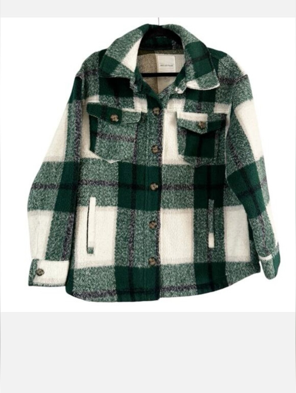 Avec Les Filles Oversized Shacket Green White Plaid Felted Size Large
